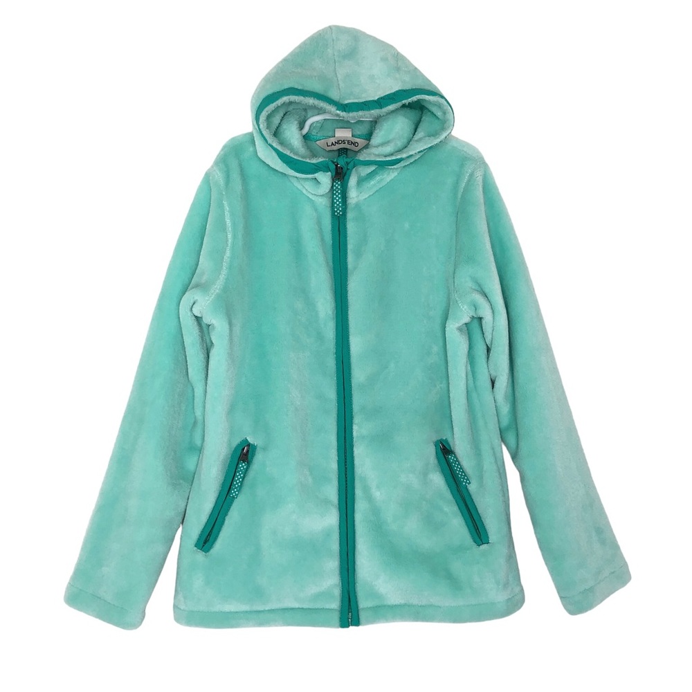 Lands' End Kids Softest Fleece Hoodie Teal Green Blue Full Zip Jacket Small 7-8
